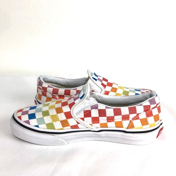rainbow checkerboard slip on vans
